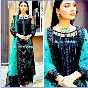 Designer black and turquoise blue! Shalwar kameez net dupatta! L sz 42